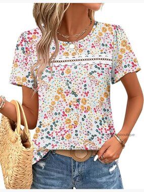 Boho Lace Puff Sleeve Blouse Short Sleeve Summer Top S-3XL